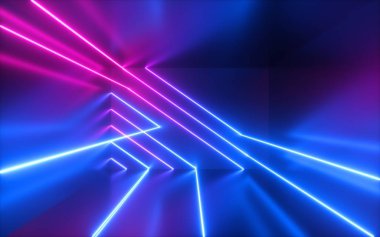 3D render, pembe mavi neon çizgiler, geometrik şekiller, sanal alan, ultraviyole ışık, 80'lerin tarzı, retro disko, lazer defile, arka plan