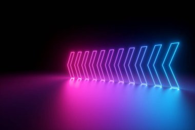3d render, parlayan neon oklar, soyut arka plan, sol, yön kavramı