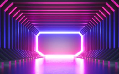 3d render, soyut neon arka plan, boş çerçeve, sanal gerçeklik ekranı, ultraviyole spektrum, lazer gösterisi, moda podyum, kulüp sahne, zemin yansıması