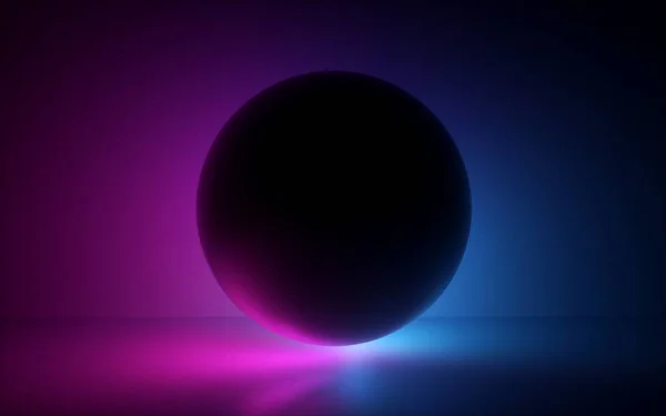 Renderização 3d, bola preta em luz de néon, fundo abstrato, esfera em branco, modelo globo, show a laser, energia esotérica, fundo abstrato, espectro ultravioleta — Fotografia de Stock