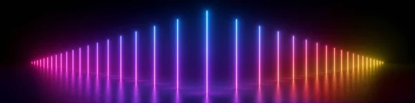 3d render, abstract panoramic background, glowing vertical lines
