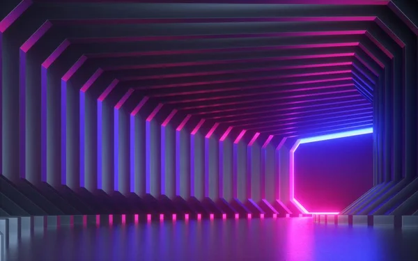 3d render, fondo de neón abstracto, pasillo, túnel, pantalla de realidad virtual, espectro ultravioleta, espectáculo de láser, podio de moda, escenario del club, reflexión en el suelo — Foto de Stock