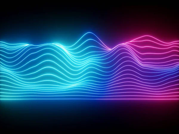 3D рендеринг, рожево-сині хвилясті неонові лінії, електронний музичний віртуальний еквалайзер, візуалізація звукової хвилі, ультрафіолетовий світлий абстрактний фон — стокове фото