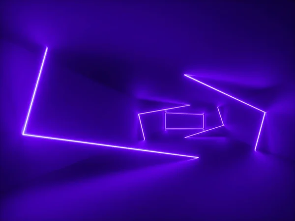 Rendering 3d, luce ultravioletta, sfondo astratto, linee al neon viola, forme geometriche, spazio virtuale, stile anni '80, stanza vuota, discoteca retrò, sfilata laser moda — Foto Stock