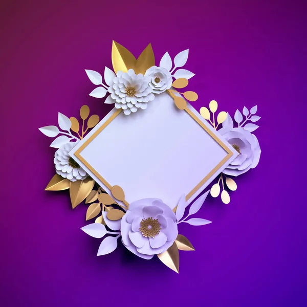 3d render, flores de papel de oro blanco, fondo botánico violeta de neón, marco cuadrado, plantilla de tarjeta en blanco, decoración festiva —  Fotos de Stock