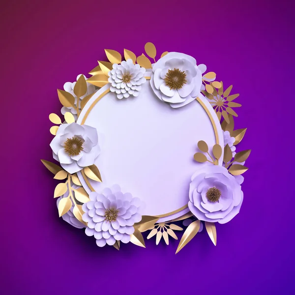 3D vykreslení, bílý zlatý papír květiny, kulatý květinový rám, prázdný proužek, Botanický věnec, ultrafialové pozadí, Sváteční výzdoba — Stock fotografie