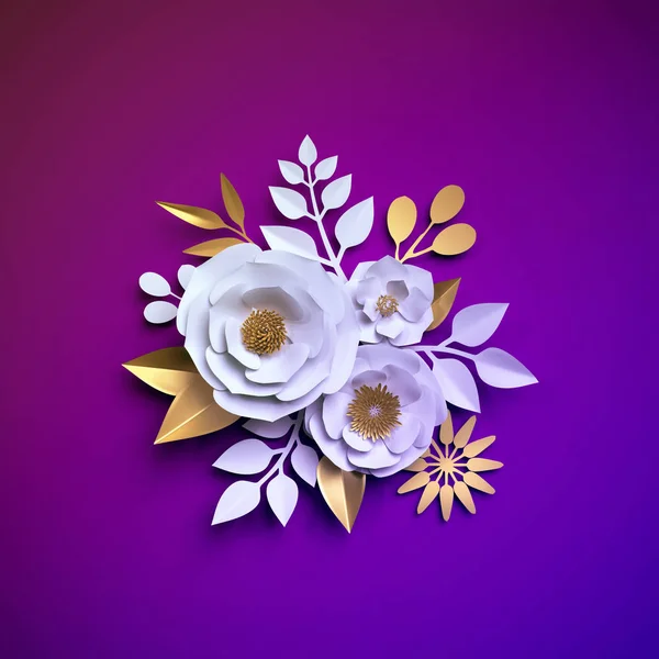 3D vykreslení, bílý zlatý papír květiny, květinové kytice, neonové botanické pozadí, ultrafialové, kvítací, sváteční dekorace — Stock fotografie