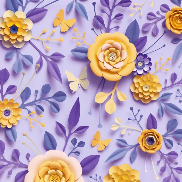 Rendu 3d, fond botanique, fleurs en papier violet jaune, motif de mode, texture florale — Photo