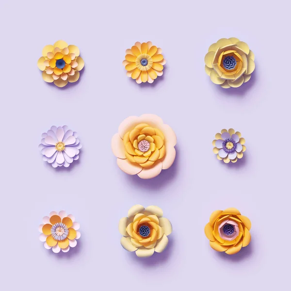 Rendu 3d, fleurs artisanales en papier jaune violet, ensemble de clip art floral, éléments de conception botanique isolés, couleurs de bonbons vives, ornement décoratif — Photo