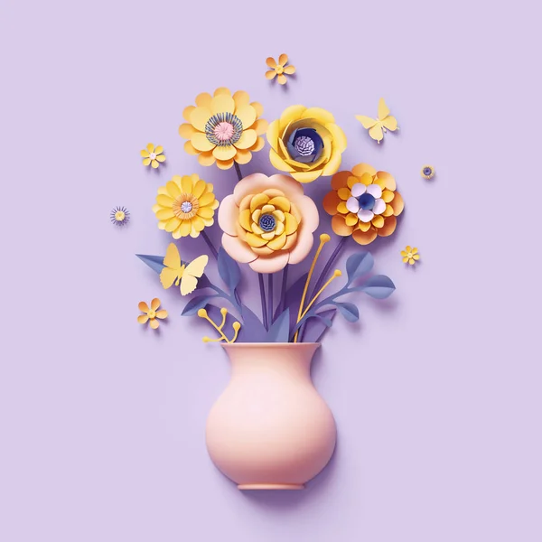 3D απόδοση, χειροτεχνία χαρτί λουλούδια μέσα βάζο, κίτρινο floral μπουκέτο, βοτανική συμφωνία, φωτεινά χρώματα καραμέλα, φύση Clip Art απομονώνονται σε βιολετί φόντο, πρότυπο ευχετήριας κάρτας — Φωτογραφία Αρχείου