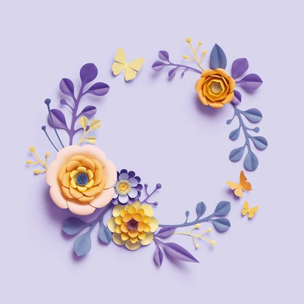 Renderização 3d, fundo botânico, grinalda floral redonda, flores de papel ofício amarelo violeta, arranjo festivo, espaço em branco, cores doces brilhantes, arte clipe isolado, enfeite decorativo — Fotografia de Stock