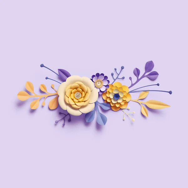 3d render, flores de papel amarelo no fundo violeta, buquê floral, fronteira horizontal, elementos de artesanato, arranjo botânico, cores doces brilhantes, isolado arte clipe natureza, enfeite decorativo — Fotografia de Stock