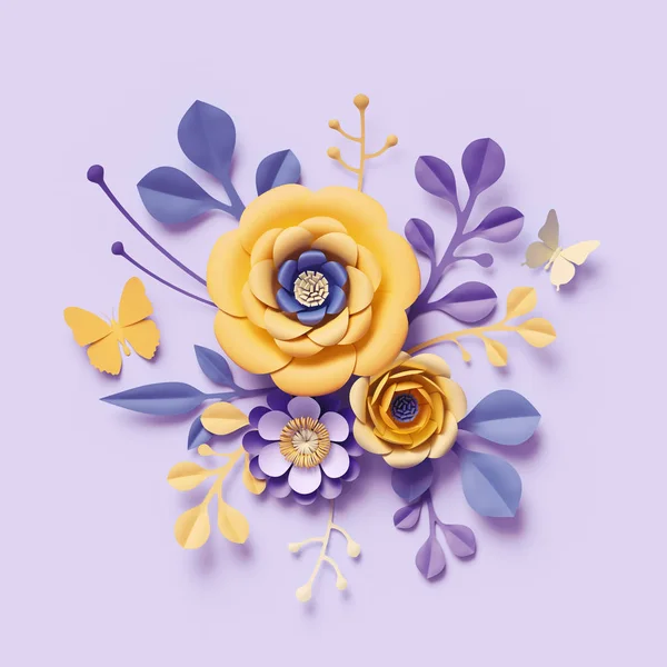 3Dレンダー、紫色の黄色のクラフトペーパーの花、植物の背景、花の配置、お祝いのブーケ、明るいキャンディの色、孤立したクリップアート、装飾的な装飾 — ストック写真