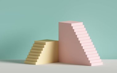 3d render, pembe merdivenler, sarı adımlar, pastel renklerde soyut arka plan, moda podyum, minimal sahne, mimari blok, tasarım elemanı