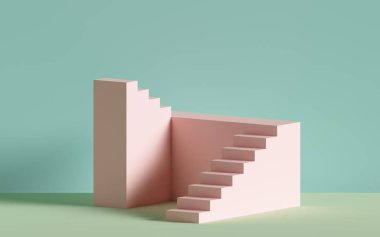 3d render, pembe merdiven, adımlar, pastel renklerde soyut arka plan, moda podyum, minimal sahne, mimari blok, tasarım elemanı
