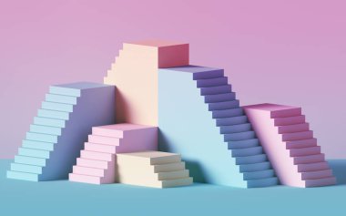 3d render, pembe mavi merdiven, adımlar, pastel renklerde soyut arka plan, moda podyum, minimal sahne, ilkel mimari bloklar, tasarım elemanı