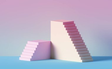 3d render, pembe merdivenler, sarı adımlar, pastel renklerde soyut arka plan, moda podyum, minimal sahne, mimari blok, tasarım elemanı