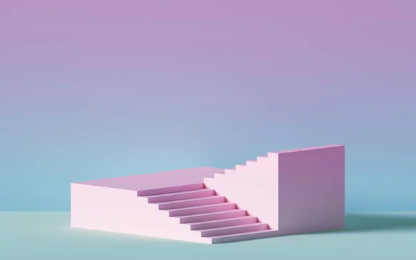 3d 渲染， 粉红色的楼梯， 台阶， 柔和的颜色抽象背景， 时尚讲台， 最小场景， 建筑块， 设计元素 — 图库照片
