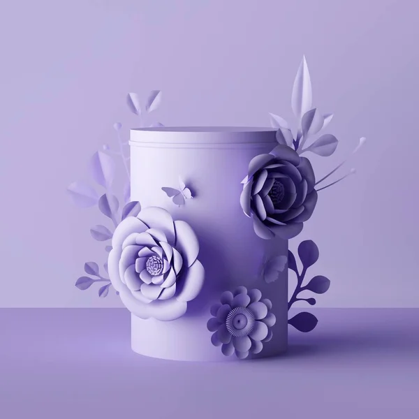 3d render, fundo botânico violeta, pedestal cilindro decorado com flores de papel, pacote floral, mockup caixa de presente, loja de cosméticos em branco stand vitrine, fundo de moda, modelo de apresentação — Fotografia de Stock