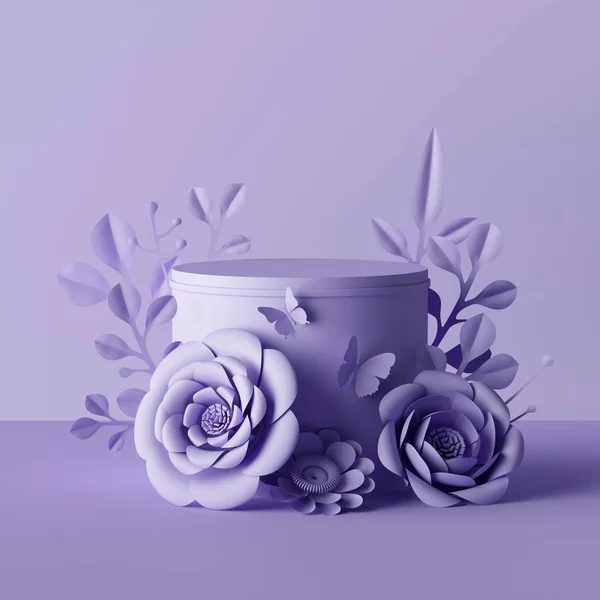 3d render, fundo botânico violeta, pedestal cilindro decorado com flores de papel, pacote floral, mockup caixa de presente, loja de cosméticos em branco stand vitrine, fundo de moda, modelo de apresentação — Fotografia de Stock