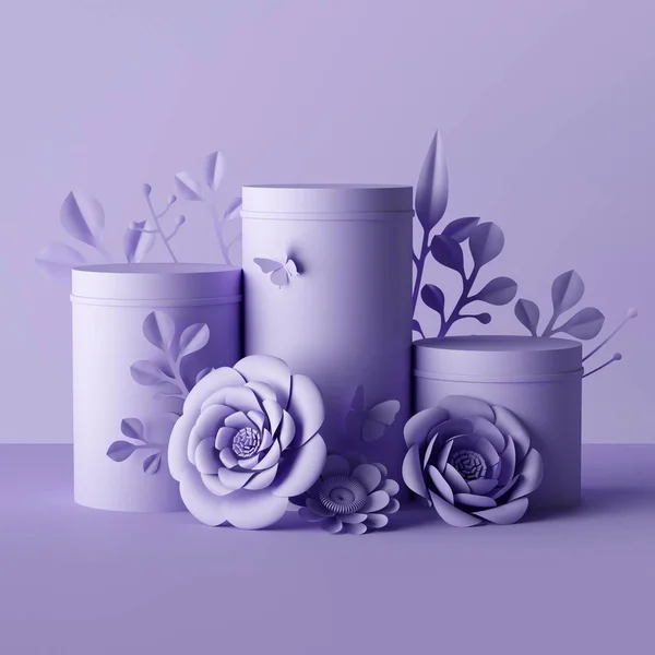 3d render, fundo botânico violeta, pedestal cilindro decorado com flores de papel, pacote floral, mockup caixa de presente, loja de cosméticos em branco stand vitrine, fundo de moda, modelo de apresentação — Fotografia de Stock