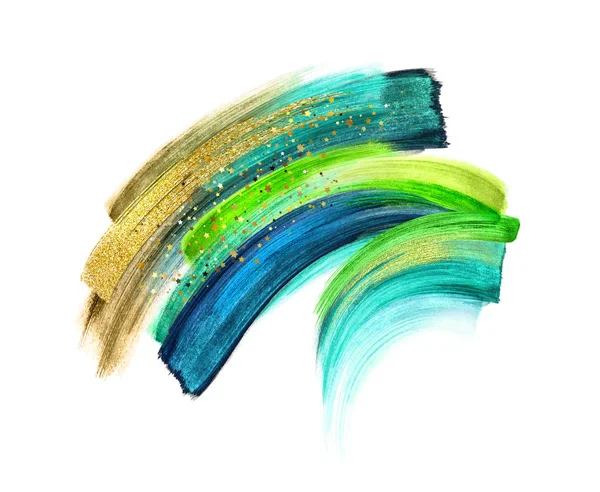 Illustrazione digitale, vernice verde oro blu, pennellata isolata su sfondo bianco, striscio di vernice, clip art colorato, elemento di design artistico — Foto Stock
