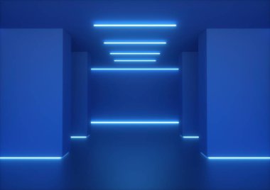 3d render, boş oda, tünel duvarları, mavi neon ışık, soyut ultraviyole arka plan, parlayan çizgiler, moda sahne, canlı renkler, koridor, gece kulübü iç
