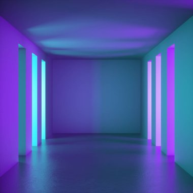 3d render, soyut arka plan, sanal gerçeklik boş oda, menekşe nane duvarlar, ultraviyole ışık, çıkışsız tünel, ışıklı koridor, iç, gün ışığı, minimalist alan