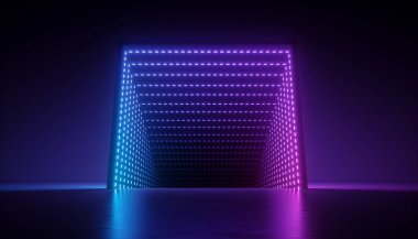 3d render, neon ışık kutusu, soyut arka plan, tünel, koridor, kare portal, ultraviyole spektrum, sanal gerçeklik ortamı, lazer gösterisi, moda podyum, yol, yol, sahne, zemin yansıması