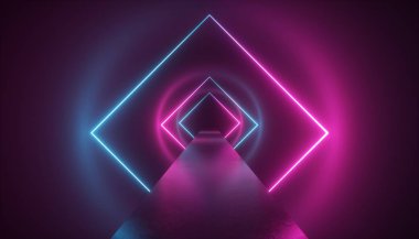 3D render, sanal gerçeklik ortamında, neon ışık, kare ezoterik portal, tünel, koridor, ultraviyole arka plan, lazer gösterisi, moda Podyum Podyum, yol, yol, sahne, zemin yansıması