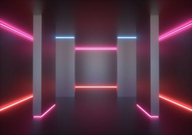 3D render, boş oda, tünel duvarlar, mavi pembe kırmızı neon ışık, ultraviyole arka plan, parlak çizgiler, moda sahne, canlı renkler, koridor, gece kulübü iç