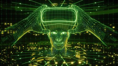 3D render, görsel olarak sanal gerçeklik gözlükleri, elektronik cihaz, sanal veri neon yeşili kılavuz ile çevrili kafa tutan bir adam. Oyuncu bir Vr oyun için hazır. Sanal deneyim.