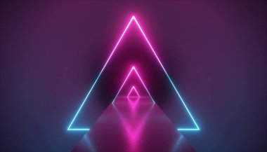 3D render, neon ışık üçgeni, sanal gerçeklik, üçgen ezoterik portal, tünel, koridor, ultraviyole arka plan, lazer gösterisi sahne, moda Podyum Podyum, yol, yol, zemin yansıması