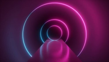3D render, sanal gerçeklik ortamında, portal, yüzükler, daireler, tünel, morötesi spectrum, arka plan, yuvarlak neon ışık lazer gösterisi, moda Podyum Podyum, yol, sahne, zemin yansıması
