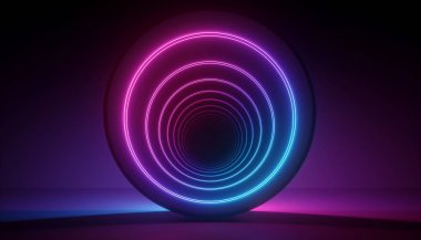 3d render, neon ışık soyut arka plan, yuvarlak tünel, koridor, portal, ultraviyole spektrum, sanal gerçeklik ortamı, lazer gösterisi, moda podyum, yol, sahne, zemin yansıması