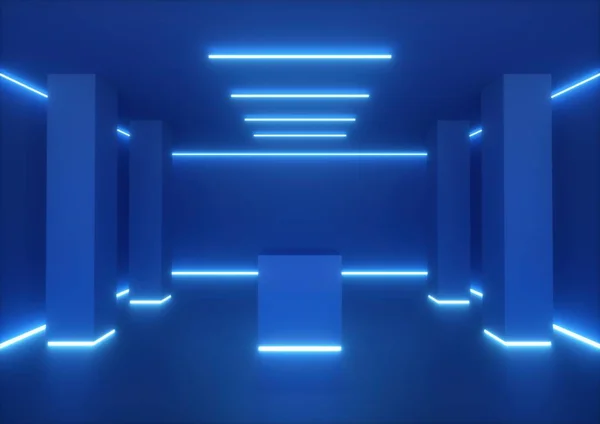 Rendering 3d, stanza vuota, tunnel, luce blu al neon, sfondo ultravioletto astratto, linee luminose, palcoscenico di moda, colori vivaci, corridoio, interno del night club — Foto Stock