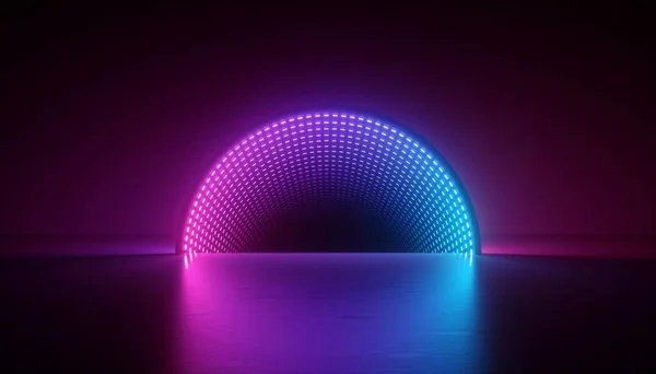 3d render, abstract ultraviolet background, pink blue neon light, round shape, portal, virtual reality, energy source, led, blank space, laser show