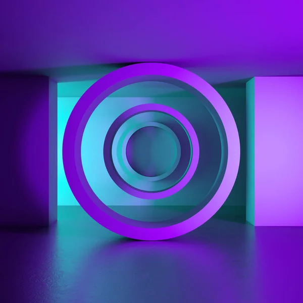 3d render, fondo abstracto, forma redonda, paredes de menta violeta, luz ultravioleta, túnel sin salida, espacio minimalista, interior de realidad virtual, habitación vacía, pasillo iluminado — Foto de Stock