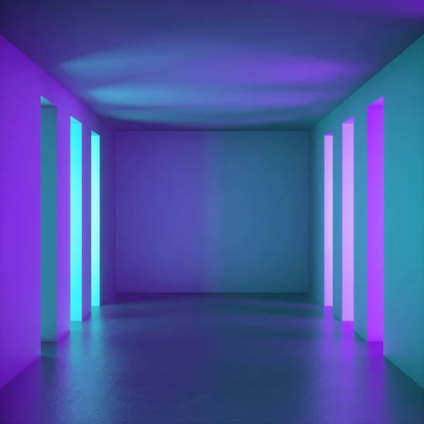 3d render, abstract background, virtual reality empty room, violet mint walls, ultraviolet light, tunnel with no exit, illuminated corridor, interior, daylight, minimalistic space