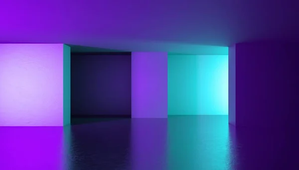 3d render, fundo abstrato, sala vazia, paredes de hortelã violeta, luz ultravioleta, túnel sem saída, corredor iluminado, realidade virtual interior, espaço minimalista — Fotografia de Stock