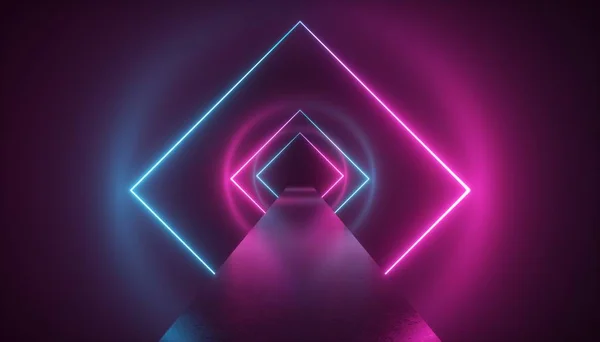 Renderização 3d, ambiente de realidade virtual, luz de néon, portal esotérico quadrado, túnel, corredor, fundo abstrato ultravioleta, show a laser, pódio de passarela de moda, caminho, caminho, estágio, reflexão de piso — Fotografia de Stock