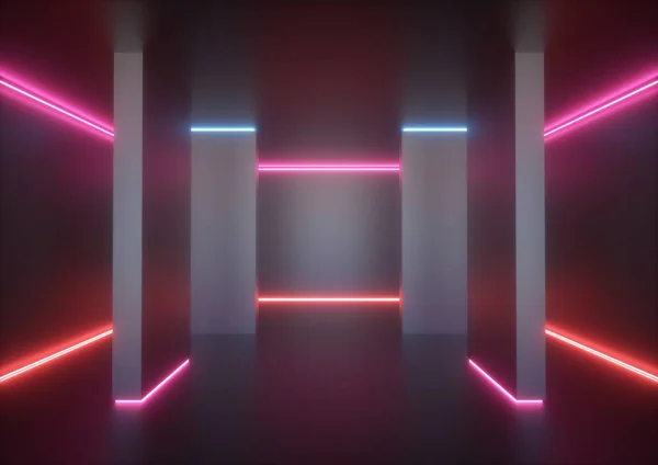 3d render, chambre vide, parois de tunnel, néon bleu rose rouge, fond ultraviolet abstrait, lignes lumineuses, scène de mode, couleurs vives, couloir, intérieur de boîte de nuit — Photo