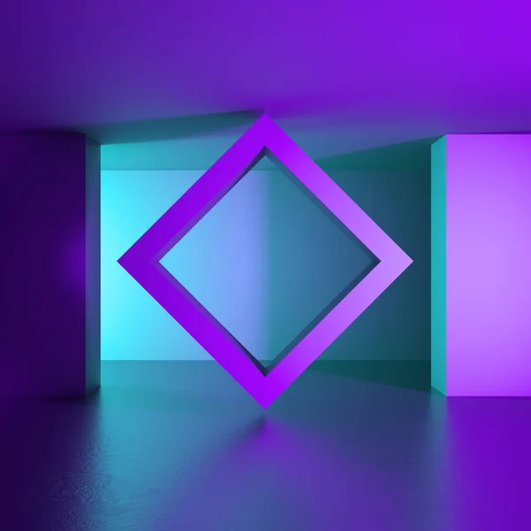 3D рендеринг, абстрактный фон, квадратная форма, пустая рамка, фиолетовые стены мяты, ультрафиолетовый свет, туннель без выхода, минималистическое пространство, интерьер виртуальной реальности, пустая комната, освещенный коридор — стоковое фото