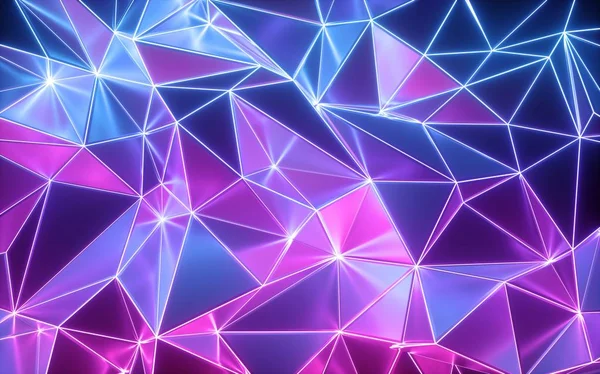 Rendering 3d, fondo cristallizzato al neon, carta da parati lucida accartocciata, rete poligonale, luce ultravioletta, texture metallica sfaccettata con riflessi — Foto Stock