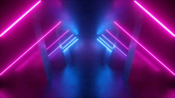 3d render, fond abstrait néon, pièce vide, tunnel, couloir, lignes lumineuses, géométrique, lumière ultraviolette — Photo