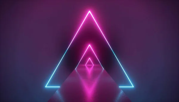 3d render, neon light triangle, virtual reality, triangular esoteric portal, tunnel, corridor, ultraviolet abstract background, laser show stage, fashion catwalk podium, road, way, floor reflection