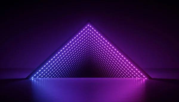 3d render, neon light triangle, ultraviolet abstract background, triangular esoteric portal, tunnel, corridor, virtual reality, laser show stage, fashion catwalk podium, road, way, floor reflection