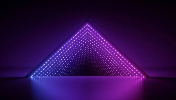 Renderização 3d, triângulo de luz de néon, fundo abstrato ultravioleta, portal esotérico triangular, túnel, corredor, realidade virtual, estágio de show a laser, pódio de passarela de moda, estrada, caminho, reflexão de piso — Fotografia de Stock