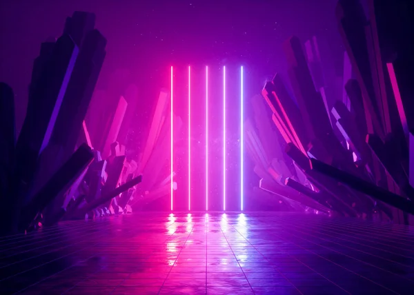 3D-Render, abstrakter Hintergrund, kosmische Landschaft, Alienportal, rosa blaues Neonlicht, virtuelle Realität, Energiequelle, glühende Laserlinien, dunkler Raum, ultraviolettes Spektrum, Berge, Felsen, Boden — Stockfoto