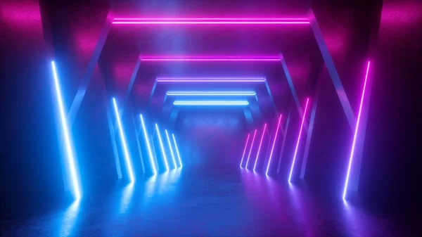 3d render, neon fundo abstrato, sala vazia, túnel, corredor, linhas brilhantes, geométrica, luz ultravioleta — Fotografia de Stock